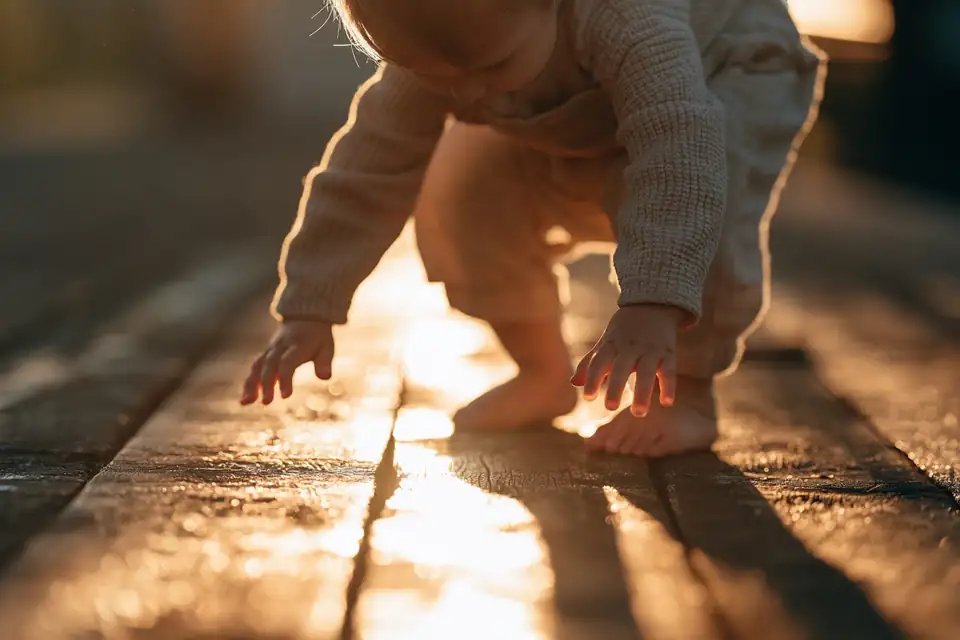 un jeune enfant qui fait ses premiers pas, les mains tendues, sur un parquet ancien.