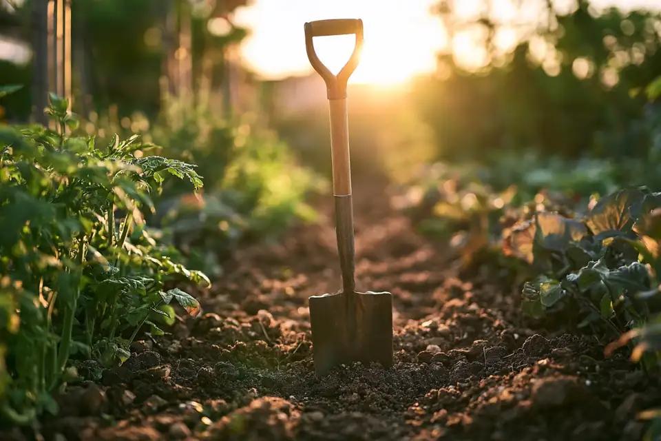 un potager clos au petit matin, une bêche plantée dans la terre.