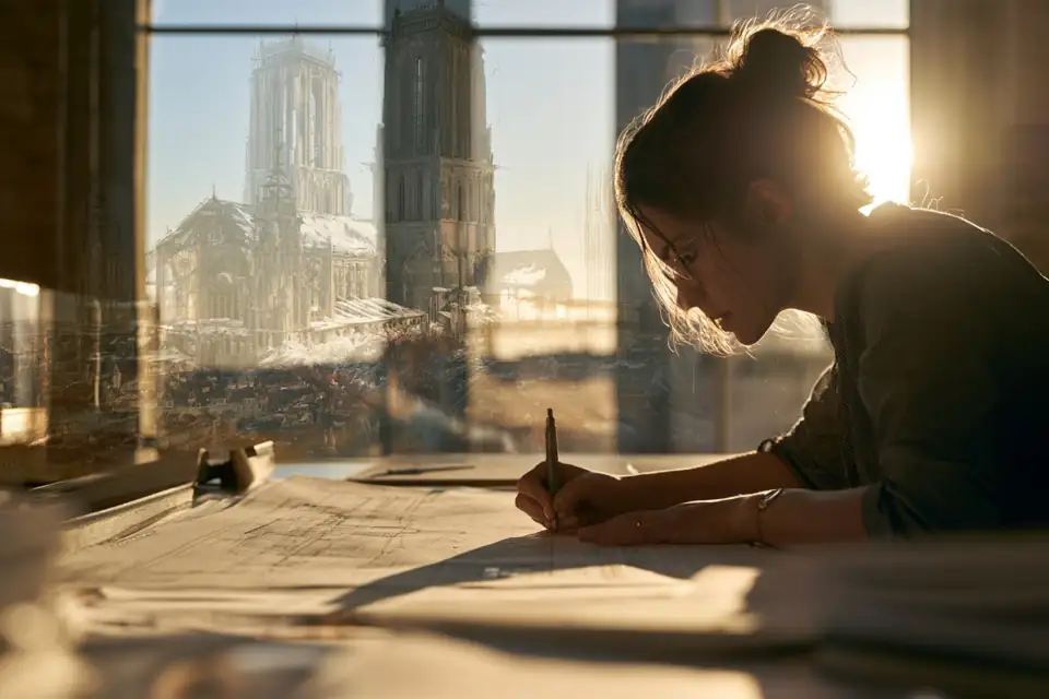 un architecte qui trace le plan d’une cathédrale, la cathédrale achevée en reflet dans la vitre.