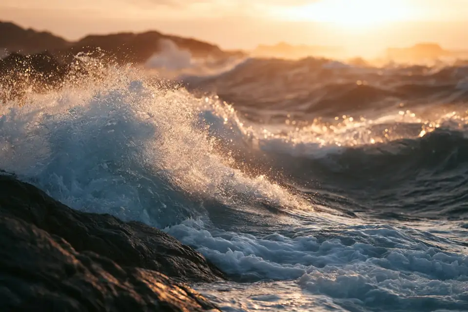 un promontoire rocheux battu par une mer déchaînée, écume dorée.