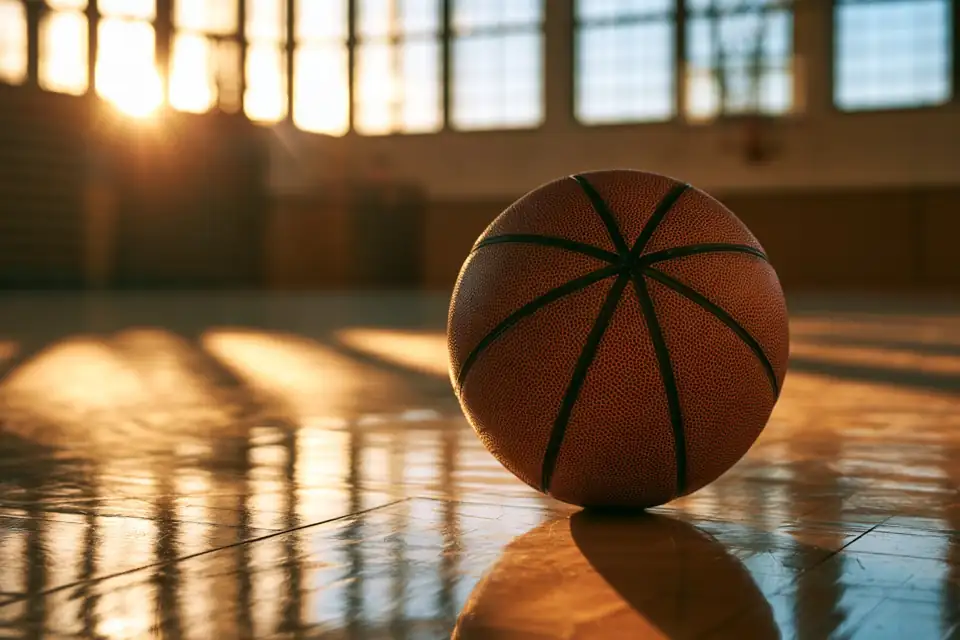 un panier de basket dans un gymnase vide, un ballon au sol, lumière rasante.