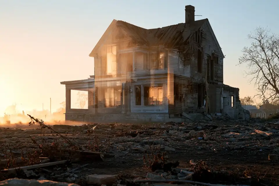 une maison en ruine et, en surimpression lumineuse, la même maison restaurée.