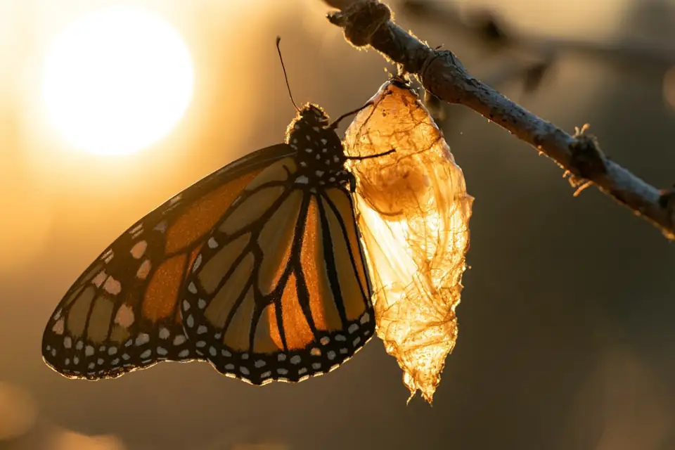 chrysalide entrouverte sur une branche, contre-jour.