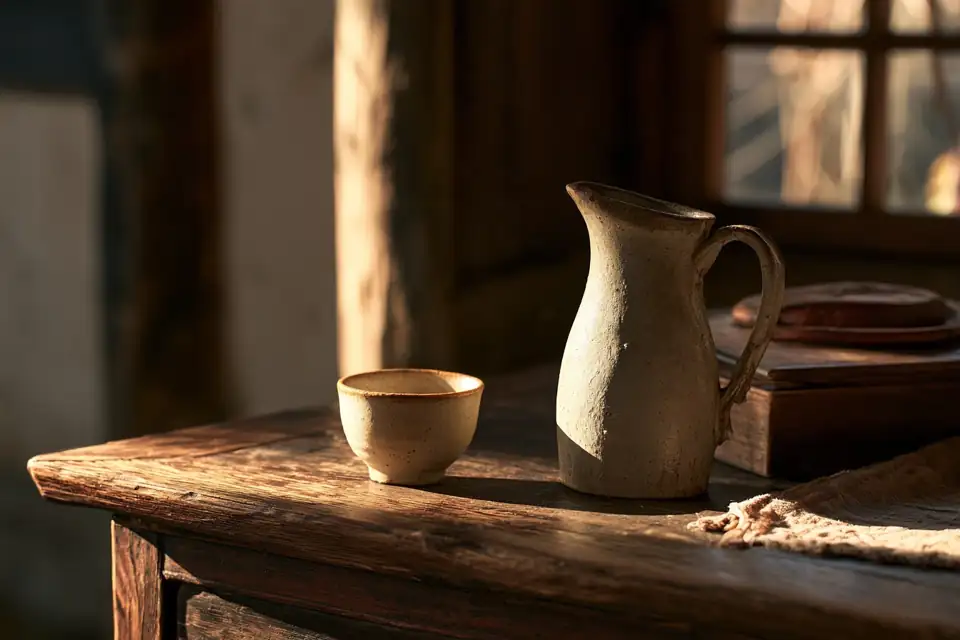une coupe vide posée à côté d’une cruche, dans une salle d’étude antique.