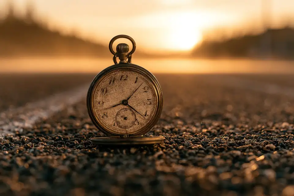 un chronomètre ancien posé sur une piste de cendrée, la brume d’un matin nordique.