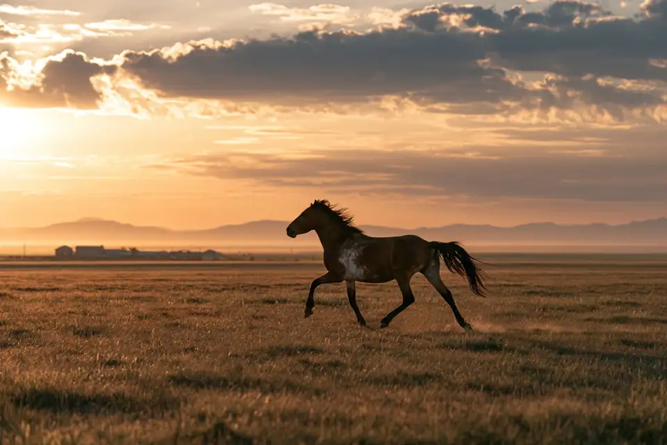 un cheval sauvage revenant au galop vers une ferme dans la steppe.