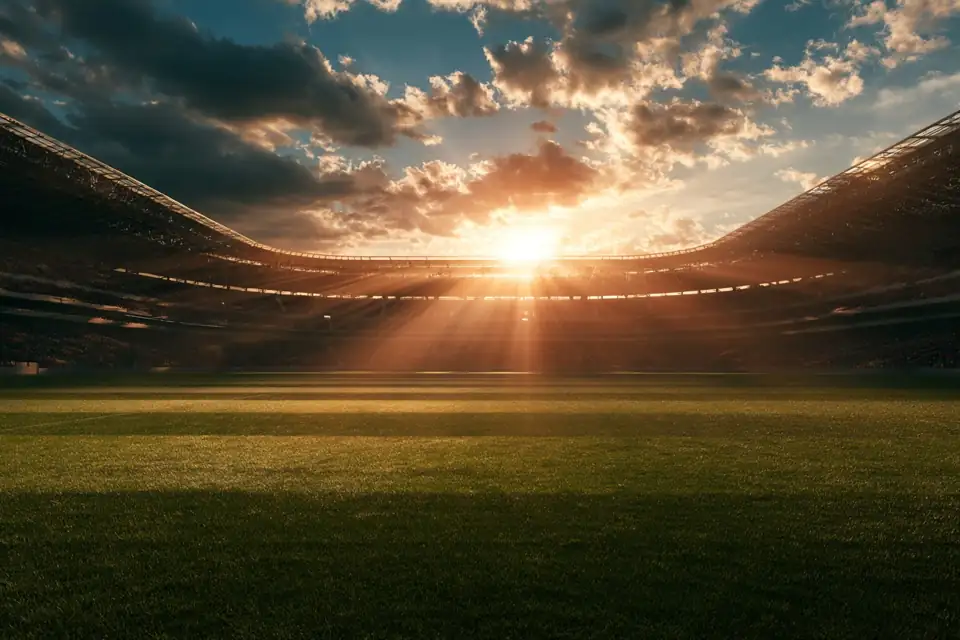 un stade vide sous la pluie, un rayon de soleil qui perce sur la pelouse.
