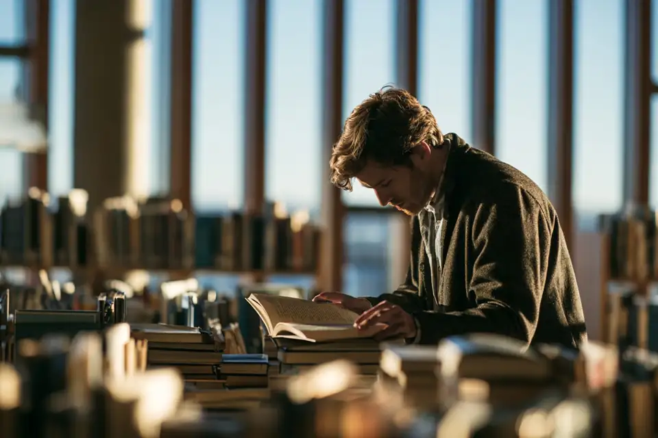 un homme seul qui ouvre un livre sous une lampe, dans une bibliothèque plongée dans l’ombre.
