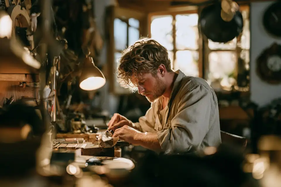un atelier où un ouvrier examine une pièce ratée à la lumière d’une lampe.