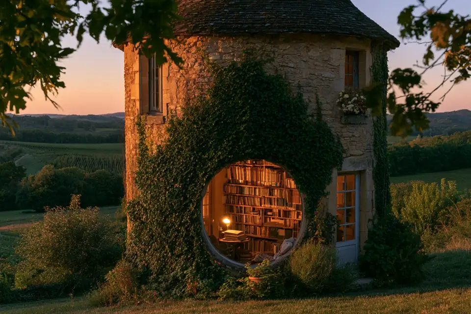 une tour ronde en pierre dans la campagne périgourdine, une bibliothèque éclairée.