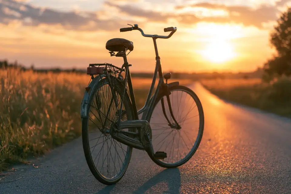 une vieille bicyclette sur une route de campagne au soleil couchant.