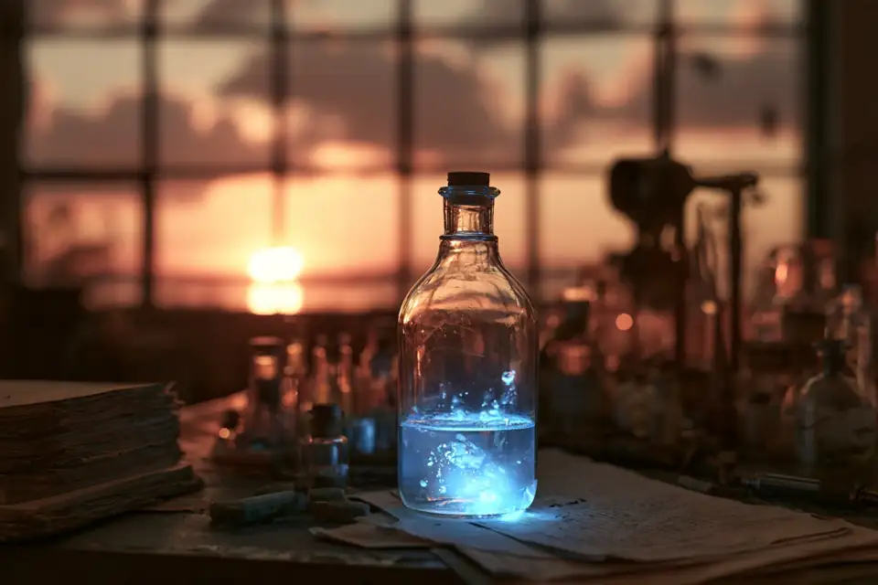 un laboratoire ancien la nuit, une fiole qui luit d’une lumière bleue.