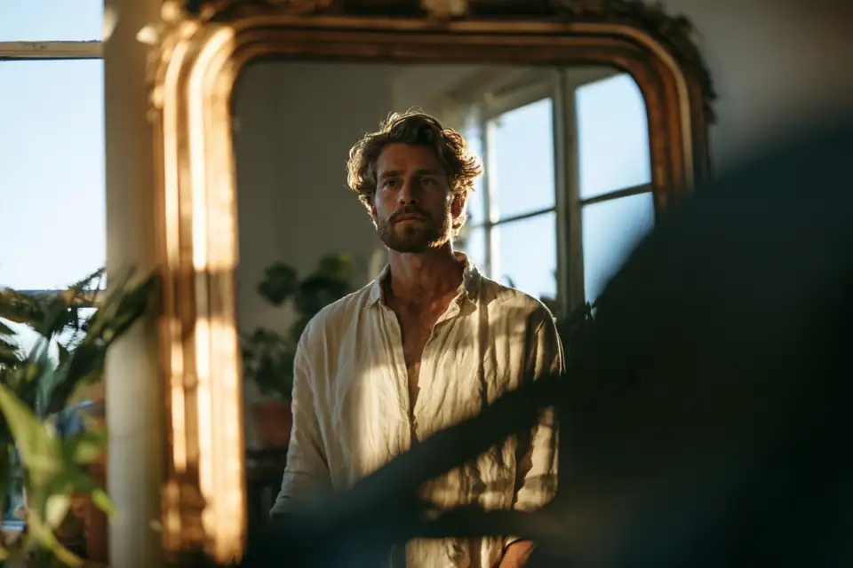 un homme qui se tient droit face à un miroir ancien, dans une lumière chaude.