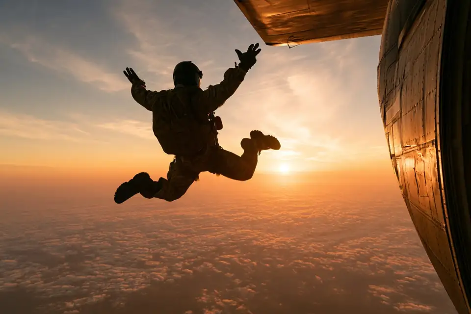 une silhouette de parachutiste qui saute d’un avion dans un ciel nocturne, lune en arrière-plan.