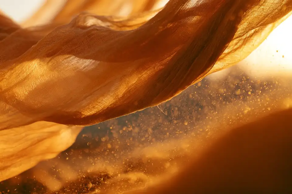 de la laine plongée dans une cuve de teinture ocre et or.