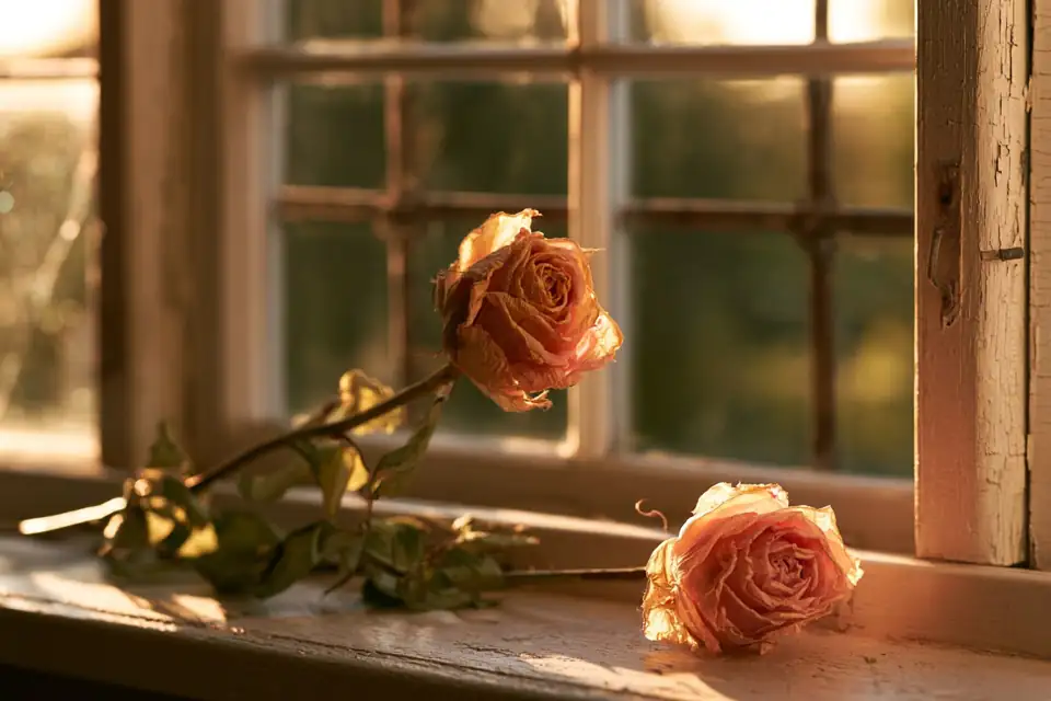 une plume posée sur un manuscrit, une rose fanée, la lumière d’une nuit de mai.