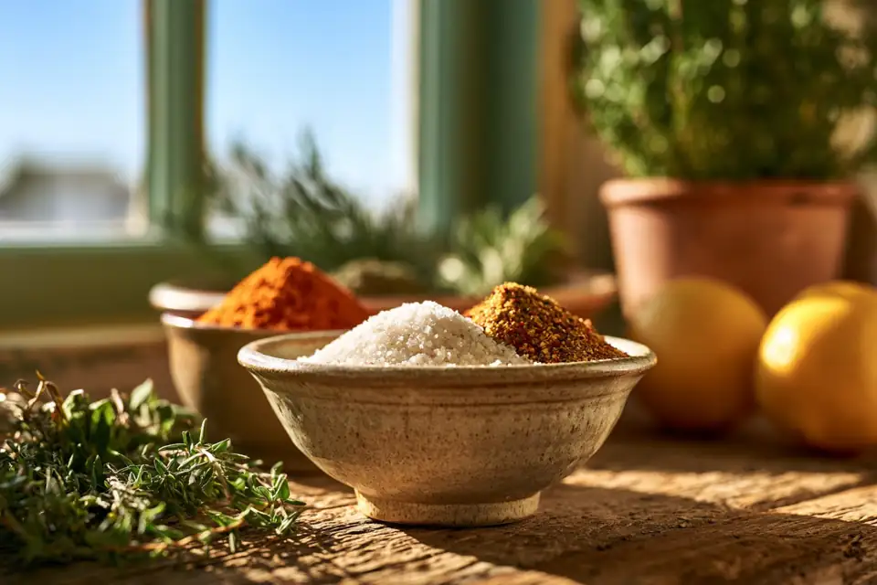 un bol de sel et des épices sur une table de cuisine rustique.