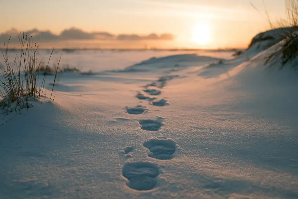 des empreintes de pas dans la neige vierge, qui tracent seules un chemin.