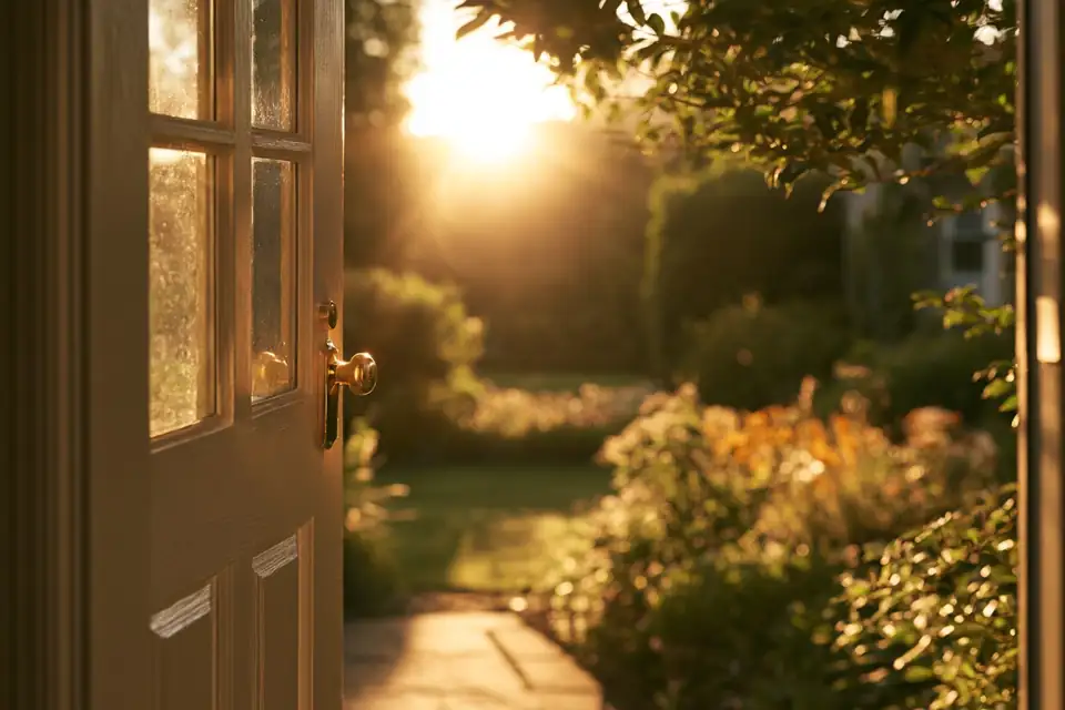 une porte qui s’ouvre sur un jardin baigné de soleil matinal.
