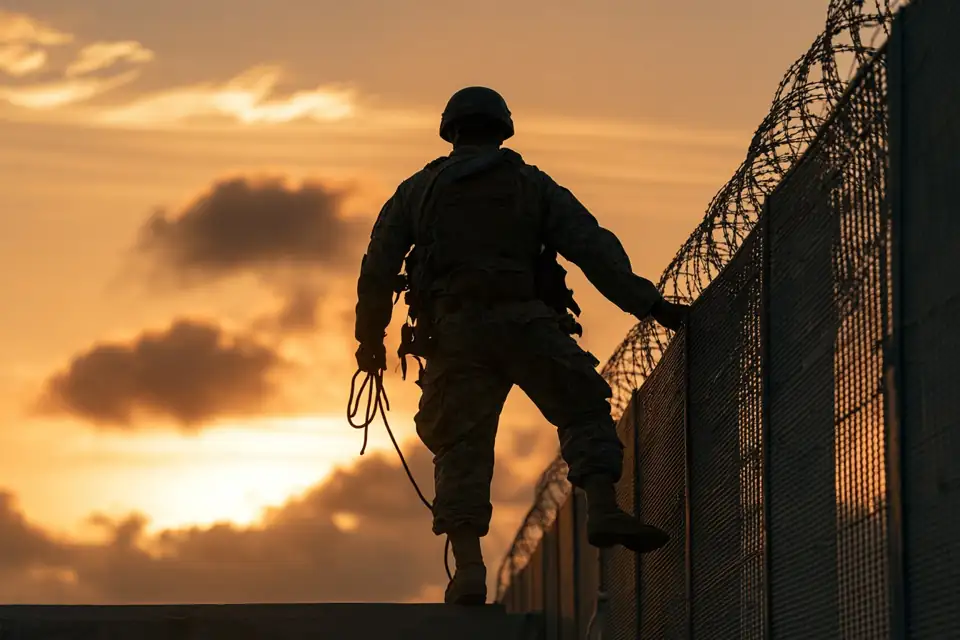 un officier vu de dos enjambant le mur d’une prison sous la lune, une corde à la main.