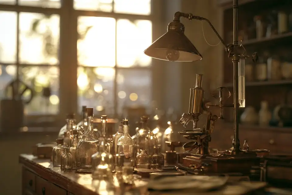 un laboratoire ancien, des fioles de verre et un microscope de cuivre sous une lampe.