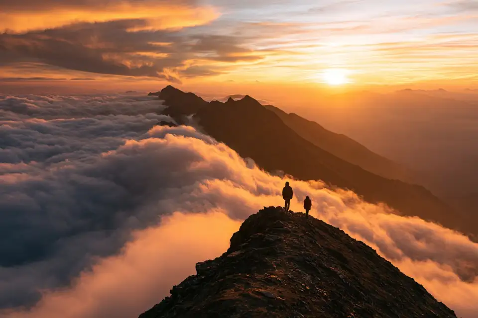 un sommet himalayen immense dans les nuages, deux silhouettes minuscules sur l’arête.