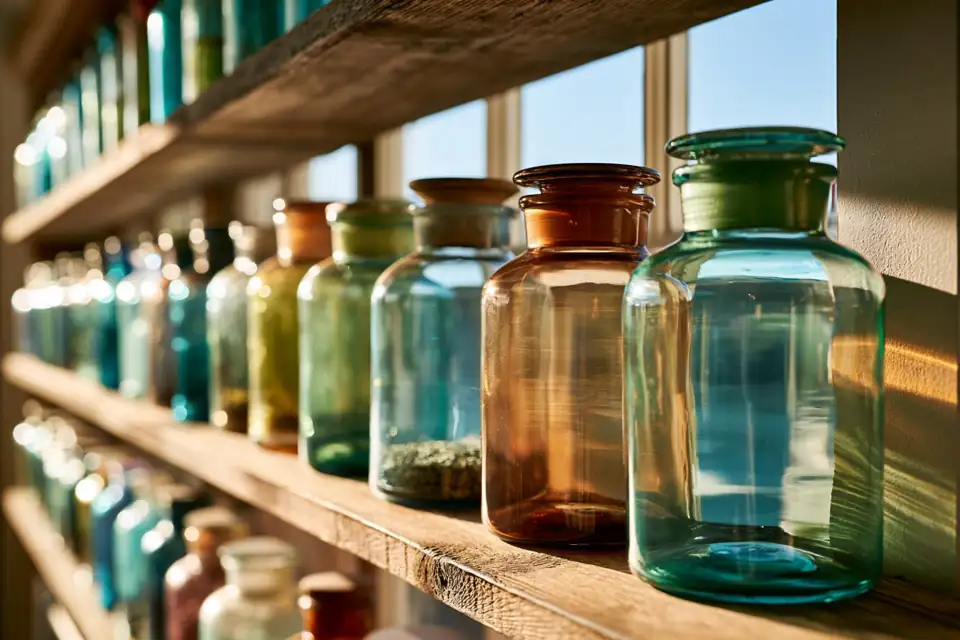 une fenêtre de pharmacie ancienne au lever du jour, des flacons de verre lumineux.