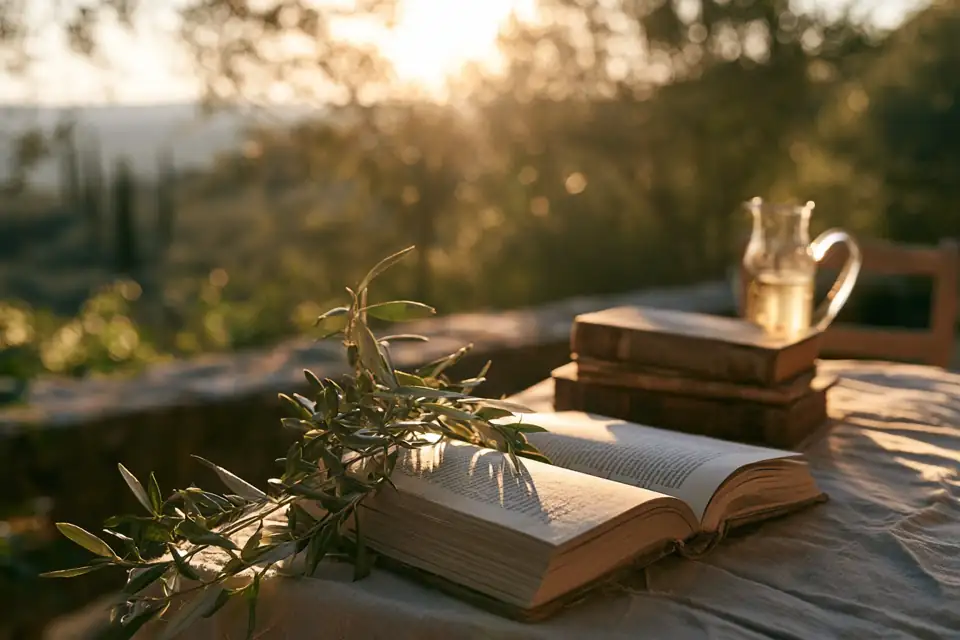 un livre ouvert sur une table en Provence, une branche d’olivier.