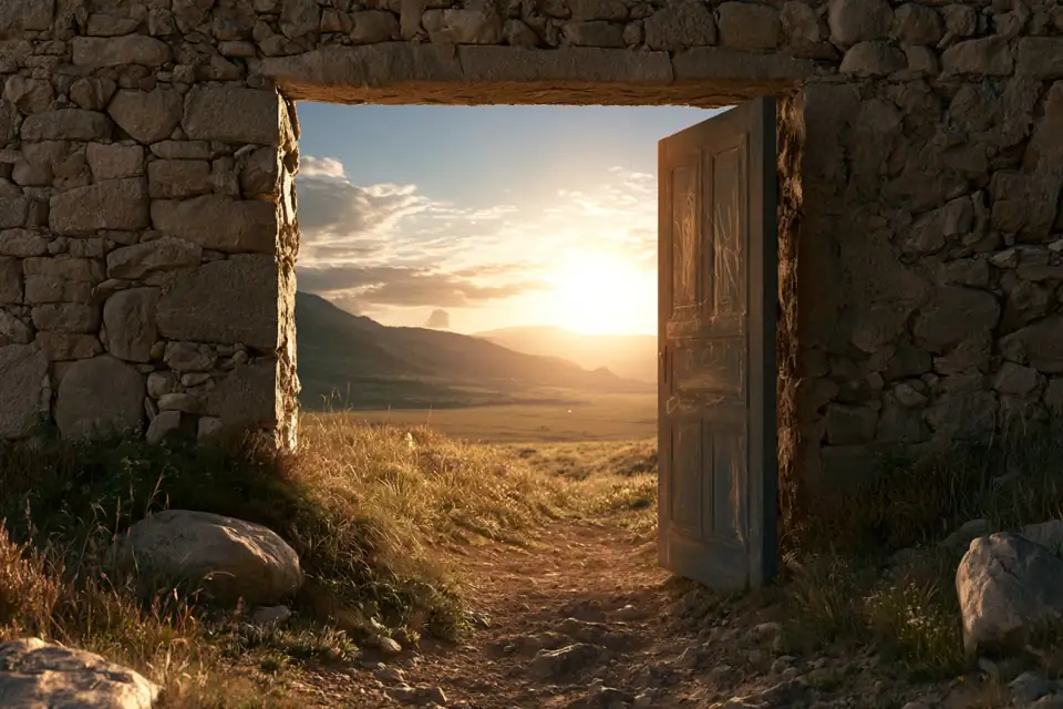 une porte dessinée à la craie sur un mur de pierre, entrouverte sur un paysage lumineux.