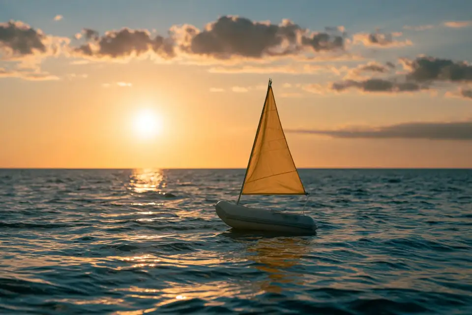 un petit canot pneumatique seul sur l’océan au lever du soleil, une voile carrée.