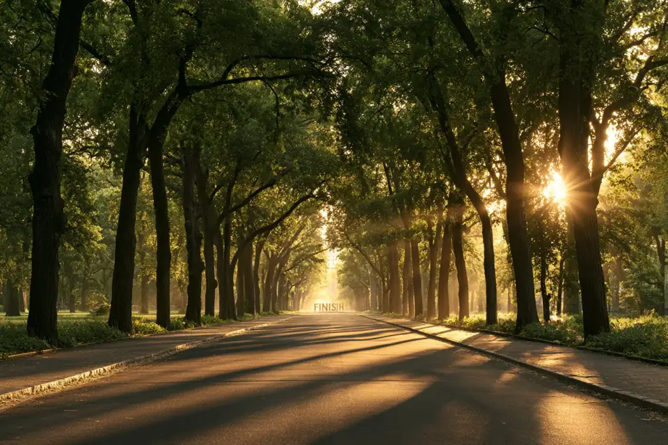une longue avenue bordée d’arbres à l’aube, une ligne d’arrivée au loin.