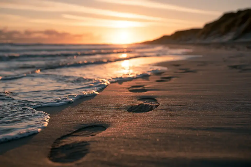 une plage à l’aube, des empreintes de bottes dans le sable mouillé, une mer froide.