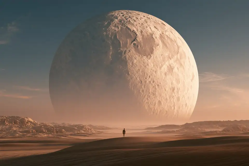 une lune immense au-dessus d’un désert, un homme minuscule qui la regarde.