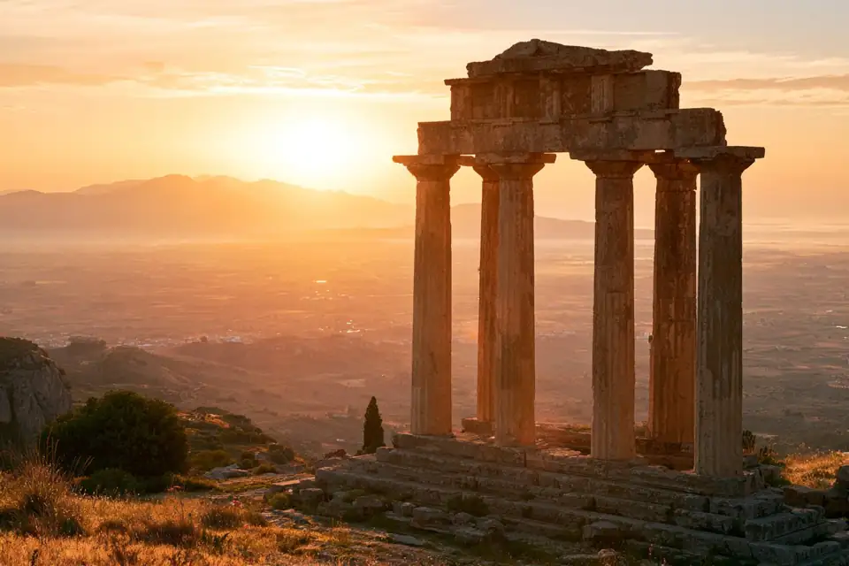 l’entrée d’un temple grec en ruine au lever du soleil, colonnes doriques, vallée en contrebas.