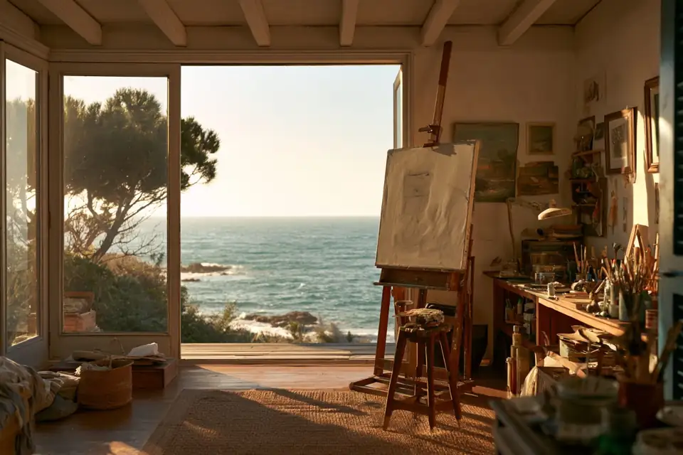 un atelier de peintre au bord de la mer, une toile inachevée.