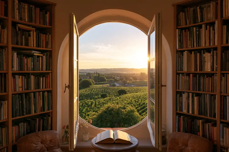 une bibliothèque dans une tour ronde, une fenêtre ouverte sur les vignes au soleil.