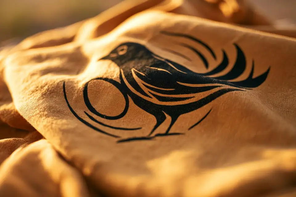 un oiseau stylisé tourné vers l’arrière, tenant un œuf dans son bec, gravé sur un tissu ocre.
