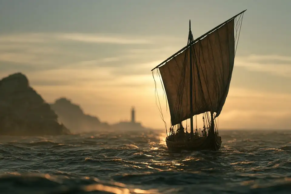 un navire antique à voile carrée sur une mer grise, cap vers un phare lointain.