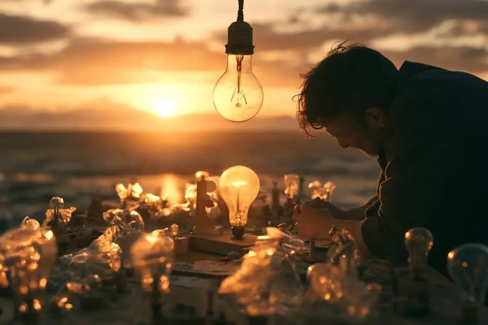 un inventeur penché sur son établi la nuit, entouré de prototypes ratés, une ampoule qui s’allume.