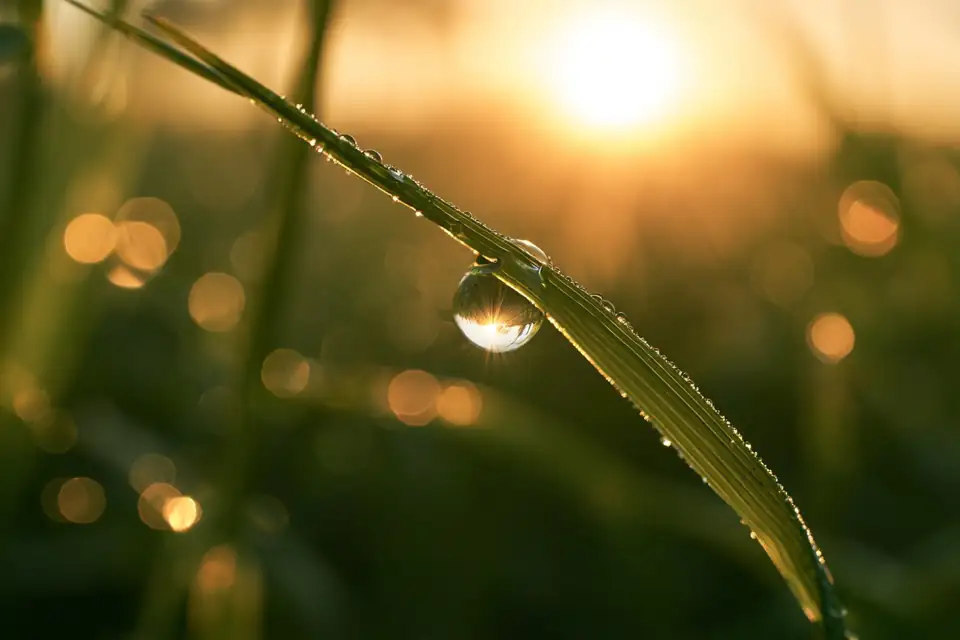 une goutte de rosée sur un brin d’herbe au premier soleil.