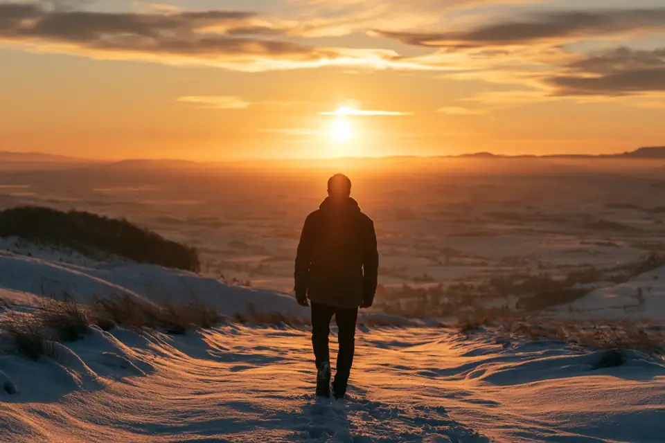 une étoile brillant au-dessus d’une vallée enneigée à l’aube, un homme seul qui se relève face à la lumière.
