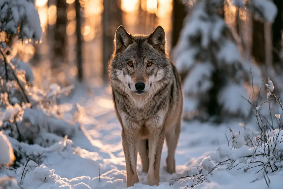 un loup debout dans la neige d’une forêt, au crépuscule.