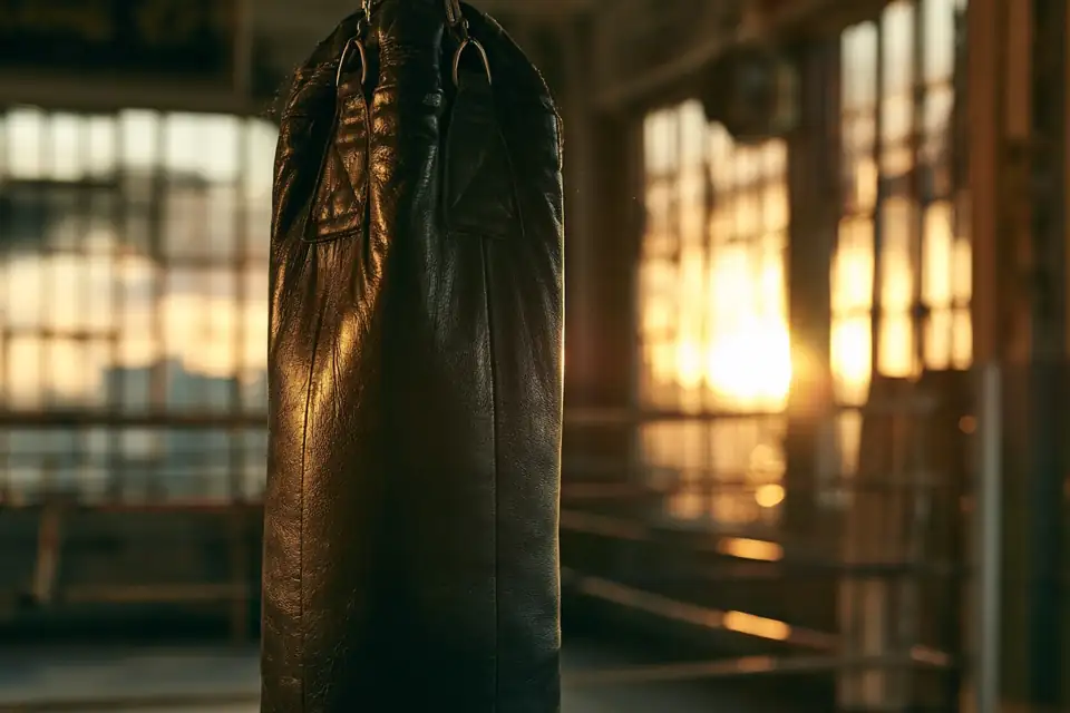 un sac de frappe qui oscille dans une salle de boxe sombre.
