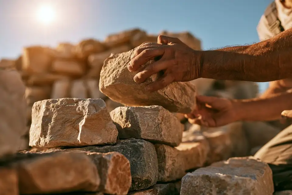 des mains de bâtisseur posant une pierre sur un mur en construction, au soleil.