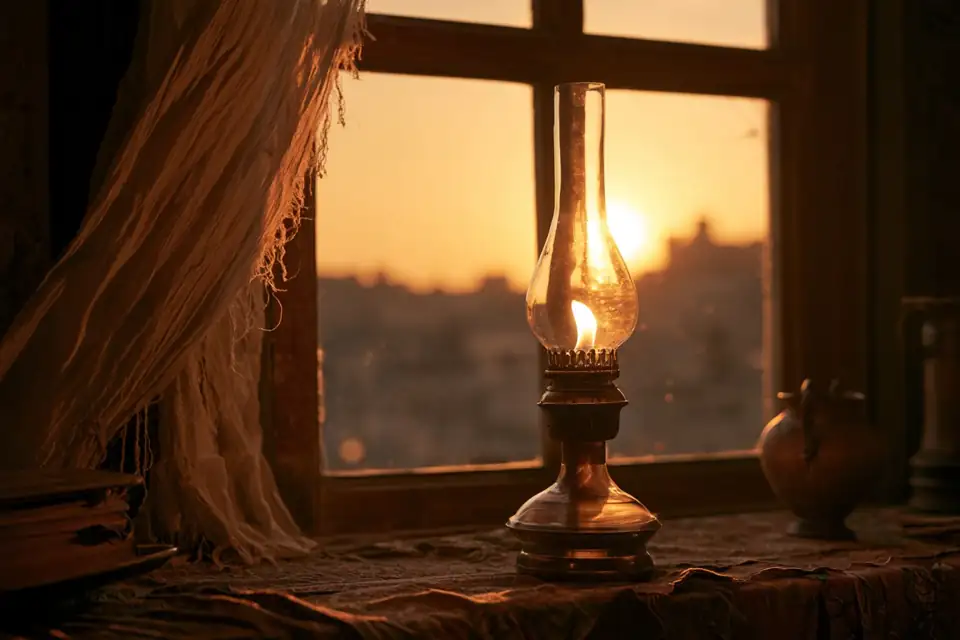 une lettre romaine sur tablette de cire, une lampe à huile.