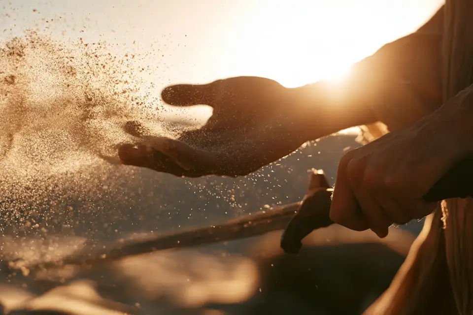 deux mains, l’une ouverte laissant s’envoler du sable, l’autre fermée sur une épée.